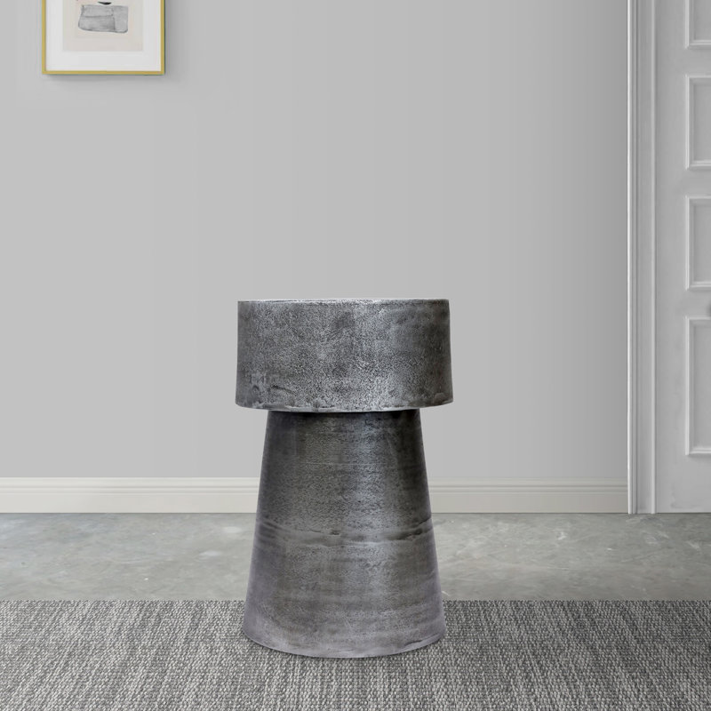 Vintage Accent Side Table, 15.5 Inch Round, Antique Silver Cast Aluminum Drum Base