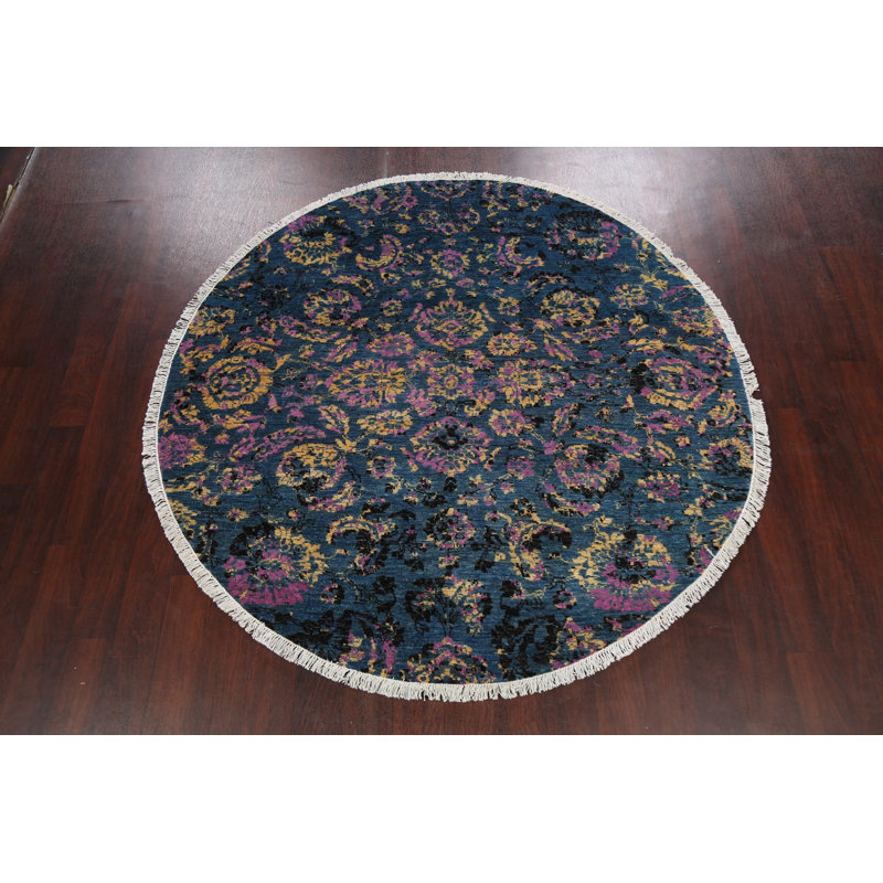 Tapis unique noué à la main 6 pi 1 po bleu / mauve / doré New Age