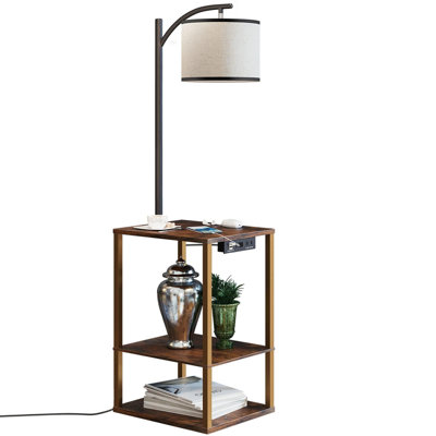Floor Lamp With Table, End Table With Lamp, Shelves, Charging Station(USB & AC Port), 3-Color Temperature LED Bulb, Side Table Lamps For Living Room, Bedroom, Office, Rustic Brown