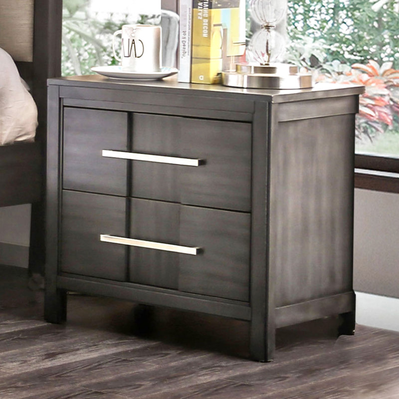 Table de chevet 1pc de couleur grise dans un style transitionnel contemporain, 2 tiroirs, plateau doublé de feutre, bois massif et placage pour la chambre à coucher
