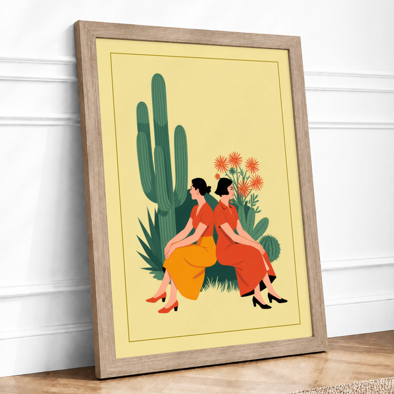Two Women in Desert Bloom Boho - Framed Print, A3 - 42.0 x 29.7 cm, Oak
