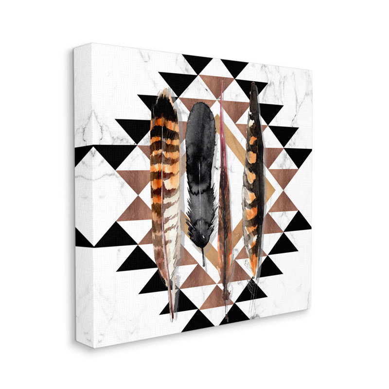 «Boho Feathers On Geometric On Wood» par Jennifer Paxton Parker, impression, Giclée encadrée noir minuit
