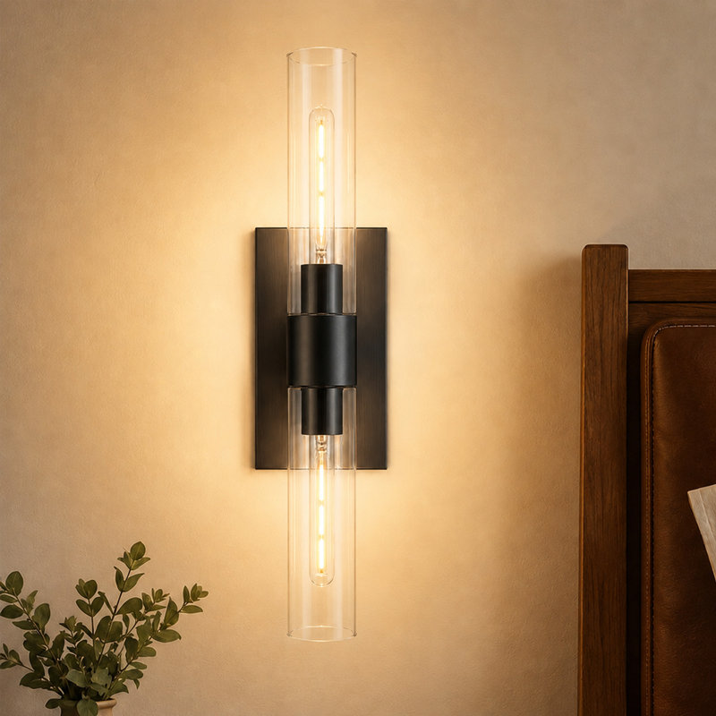 Applique murale moderne 2 lumières noir mat avec abat-jour cylindrique en verre transparent, Matte Black