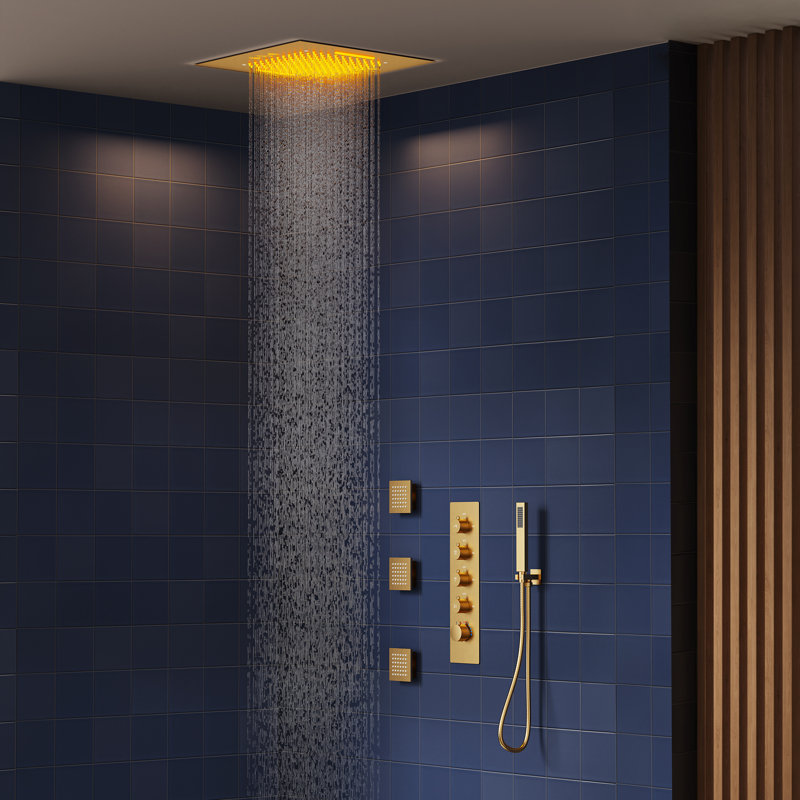 20" Ceiling-Mount LED Rainfall Shower System with Bluetooth Music, Handheld Sprayer & Thermostatic Valve, Brushed Gold