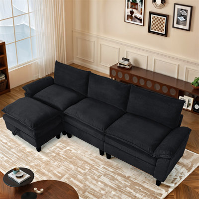 Modular Sectional Sofa, Corduroy L-Shape Sectional Couch With Movable Ottoman For Living Room