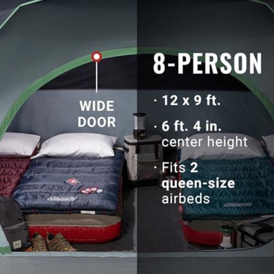 Camping Tent with 5 Minute Setup, 2/4/6/8 Person Weatherproof Tent with Rainfly & Carry Bag, 20% More Headroom Than Traditional Canopies