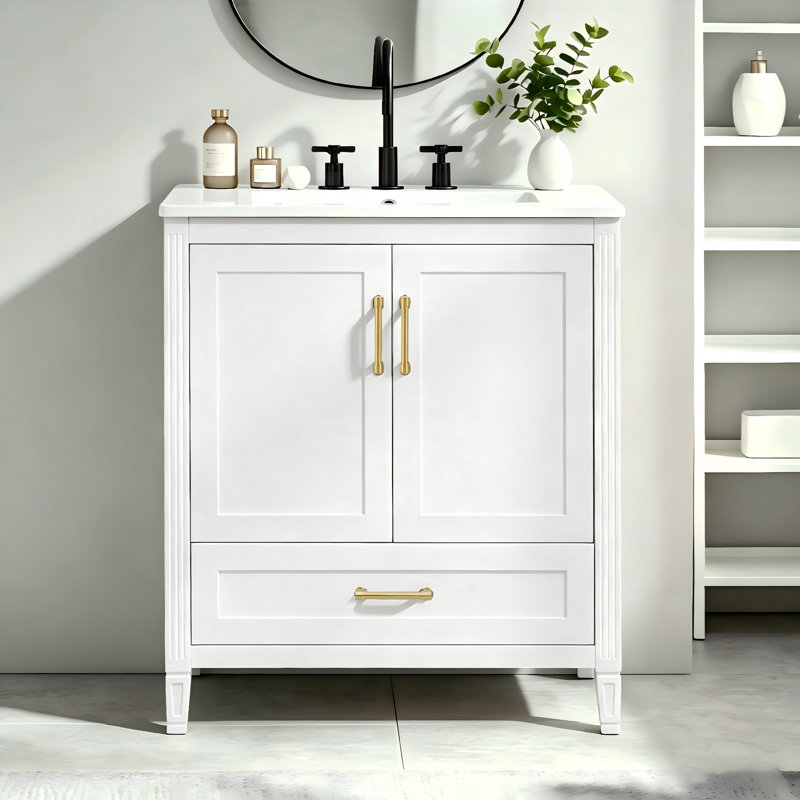 30" Single Bathroom Vanity with Ceramic Sink Top, Soft-Close Double Doors & Bottom Drawer, Adjustable Interior Shelf, Door-mounted Organizers