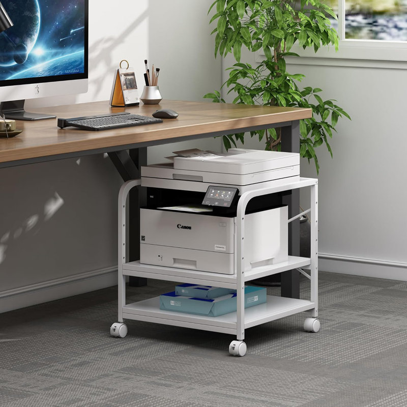 Table d'imprimante sous le bureau à 2 niveaux avec tablette réglable en hauteur, Blanc
