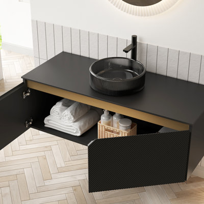 Meuble-lavabo mural de 48 po, lavabo rond transparent en cristal noir, comptoir en pierre frittée, unité de rangement en contreplaqué, portes doubles en bois massif sergé, garniture en métal, registre à fermeture en douceur