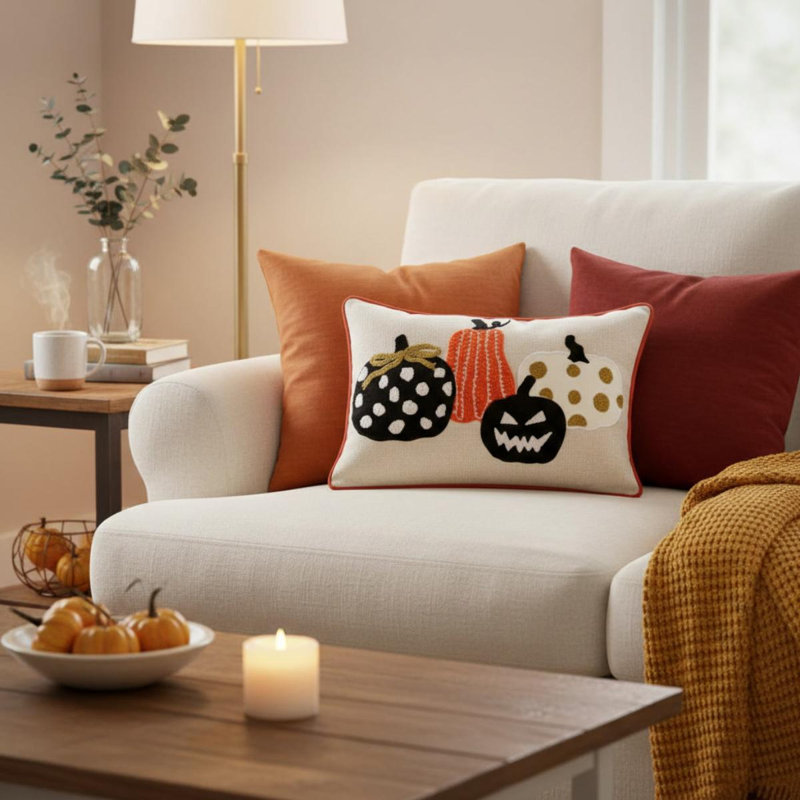 Coussin décoratif brodé citrouille d'Halloween – Ensemble de 2 coussins en lin à pois effrayants, 2