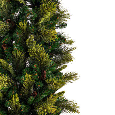  7.5' x 32" Slim Emerald Mixed Fir Artificial Unlit Christmas Tree with 1062 Realistic Mixed Fir Tips and a Folding Metal Stand. Assebly is required.