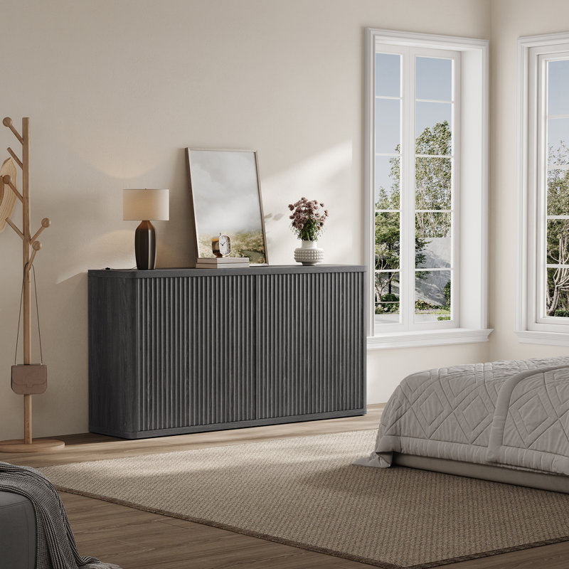 Cesiro 66.3'' W Sideboard With 4 Fluted Doors And Adjustable Shelves, Dark Grey Alder