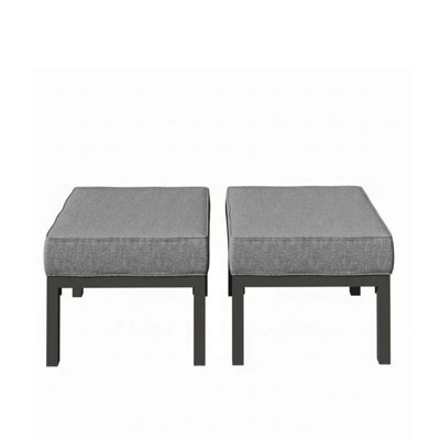 Set Of 2 24" Aluminum Patio Ottomans With Dark Gray Cushions, All-Weather Footrests
