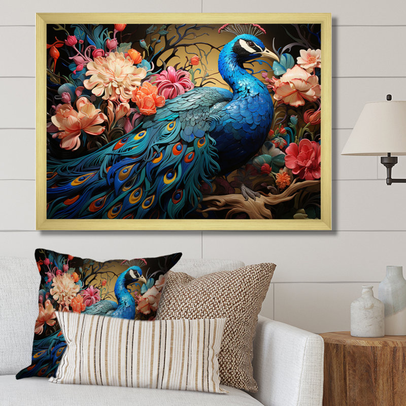 Teal Peacock Parade II - Animals Canvas Art Print, H 12 po x l 20 po x P 1 po, Cadre doré à une seule photo