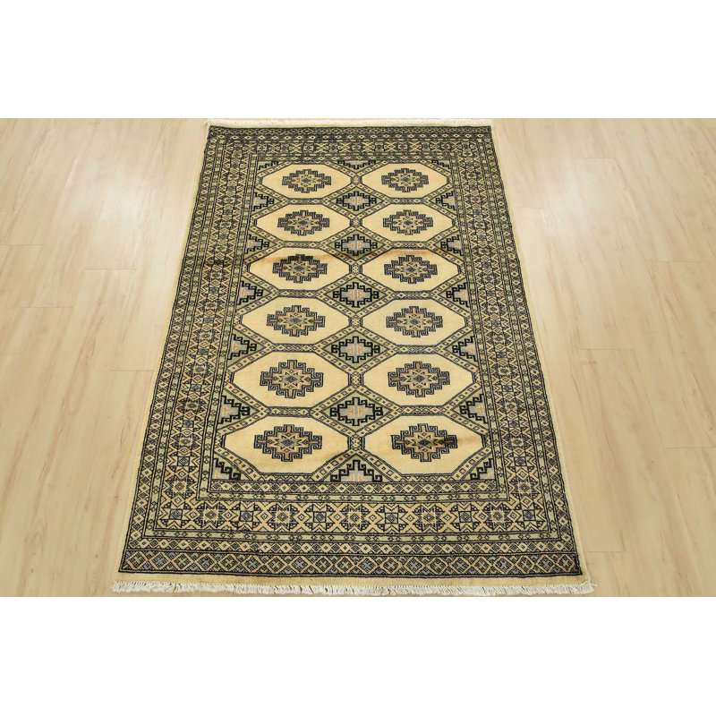 Tapis oriental en laine beige noué à la main 3 pi 11 po x 5 pi Bokhara Jaldar