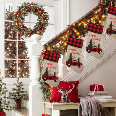 2Pcs Red Black Plaid Christmas Stockings Auto Tree Decor, 16.93 Inch Large Gift Candy Bag For Fireplace, Car, Truck, Xmas Holiday Party Decorations, Holidays Gifts