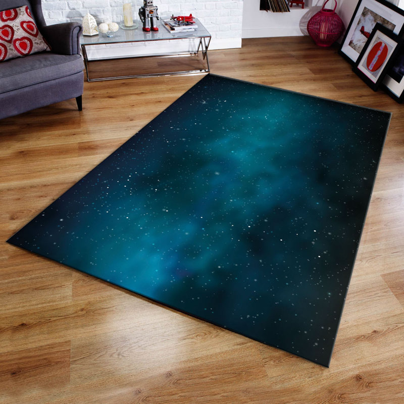 Tapis bleu turquoise / bleu foncé tissé à la machine Edgemon, Rectangle 4 pi 11 po x 7 pi 7 po