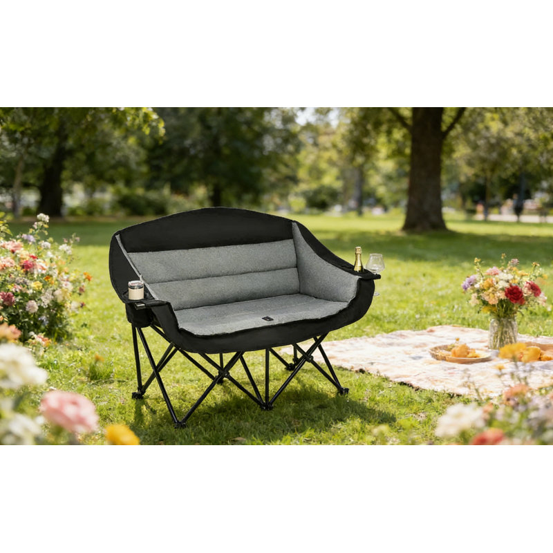 Double Camping Chair Loveseat - 2 Person Oversized Camping Couch for Adults Padded Heavy Duty Outdoor Lawn Beach Portable Folding Chairs with Cup Holders and Carry Bag Support 600lbs