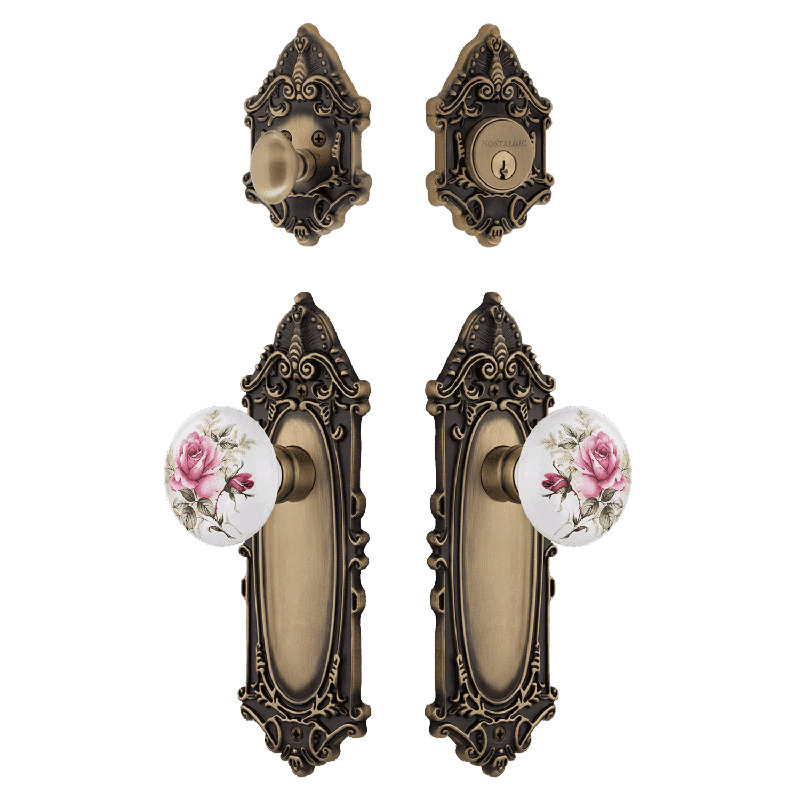 Nostalgic Warehouse Victorian Entry Set with White Rose Porcelain Knob, Antique Brass, 2.375