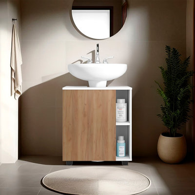 Armoire sous l'évier à deux tablettes latérales avec une porte, avec découpes et rangement compact pour salle de bain autoportante de 22 po.