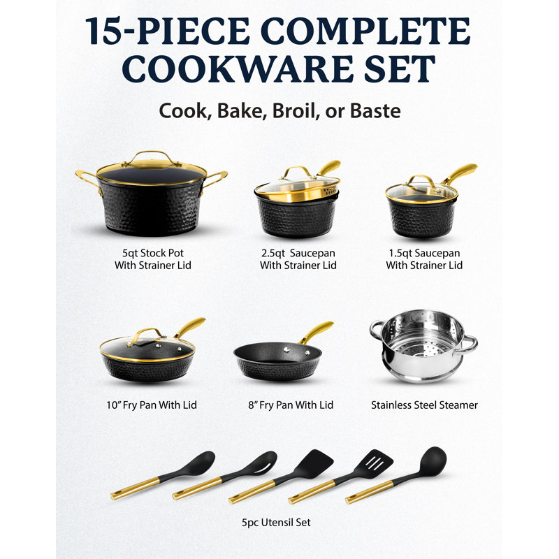 Batterie de cuisine antiadhésive avec ustensiles 15 pièces Granitestone Charleston