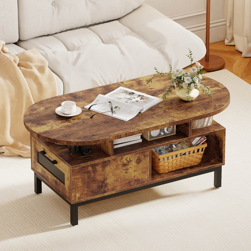 Table basse 47 po avec 4 compartiments ouverts et un tiroir, 5 pieds de soutien brun, Brun