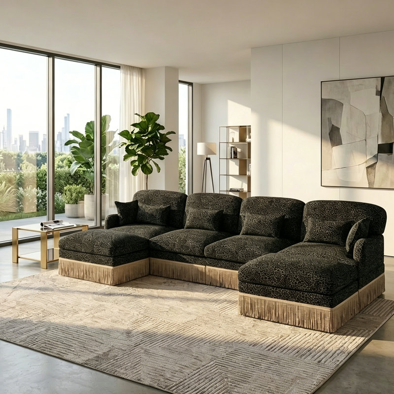 Modern Modular Leopard Print Chenille Sofa With Tassel Fring & Lumbar Pillows, Green Chenille