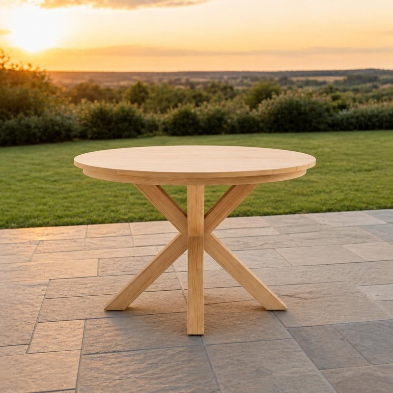 Table de salle à manger ronde pour l'extérieur, table de patio en bois massif de qualité supérieure résistante aux intempéries avec base robuste en forme de X, plateau à lattes