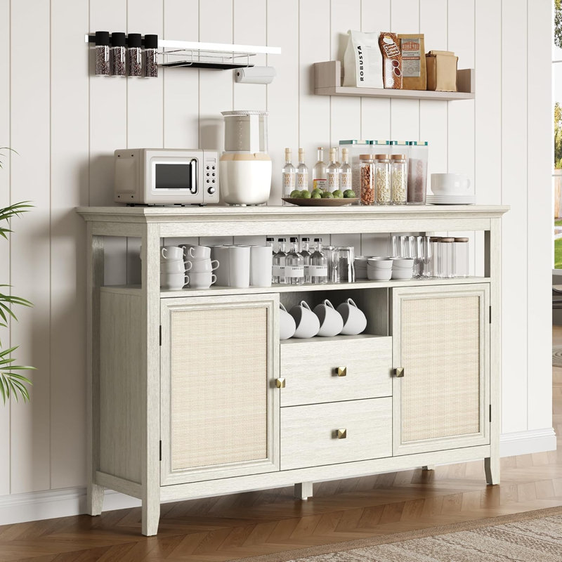 Armoire à café, buffet Buffet Boho avec 2 portes et 2 tiroirs, console de style campagne moderne pour la cuisine, entrée de la salle à manger