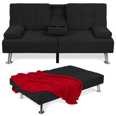 Latsia Modern Linen Convertible Futon Sofa Bed w/ Removable Armrests, Metal Legs, Cupholders