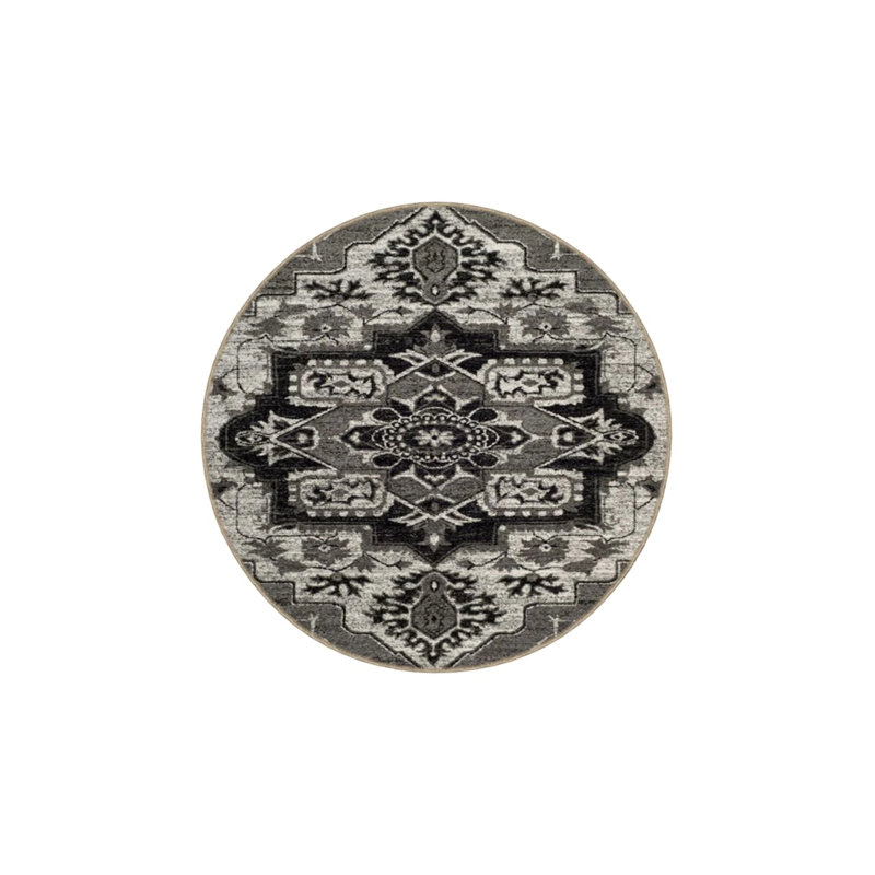 Black Traditional Checkered Floral Woven Base Washable Carpet, Round 3'4"