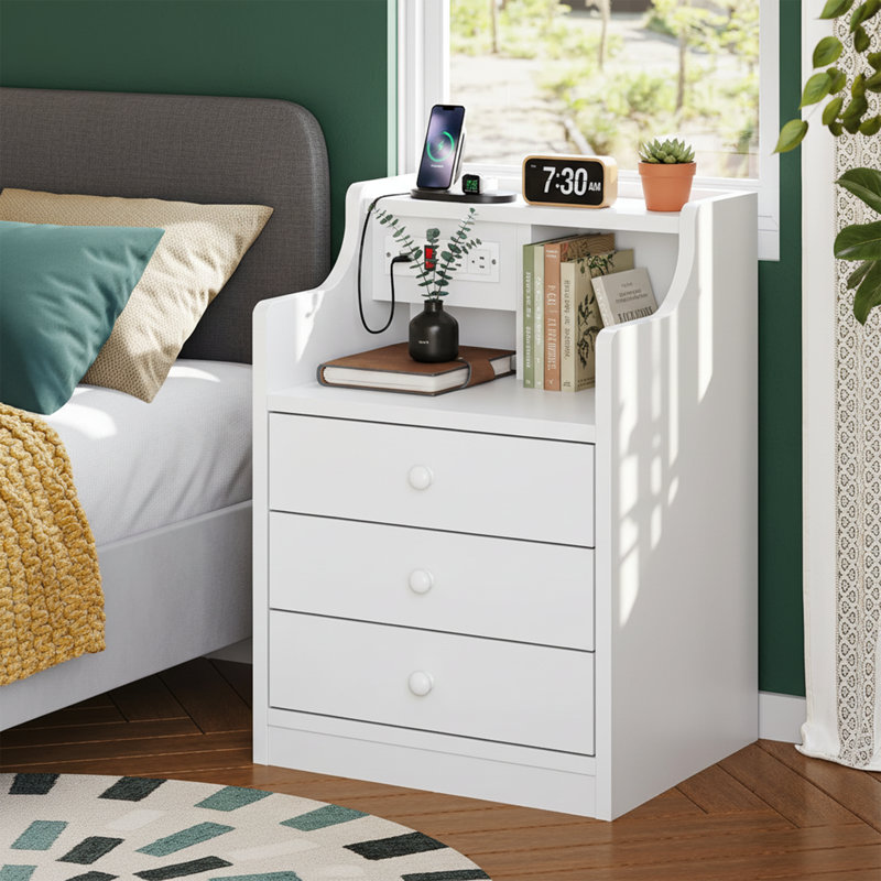 Table de chevet blanche de 17,7 po de largeur - Station de charge, dessus de huche, 3 tiroirs de rangement - Design moderne
