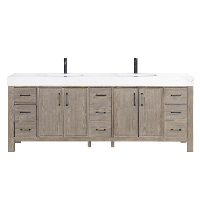 84'' Double Bathroom Vanity with Engineered Marble Top, Fir Wood Brown, White, Matte Black