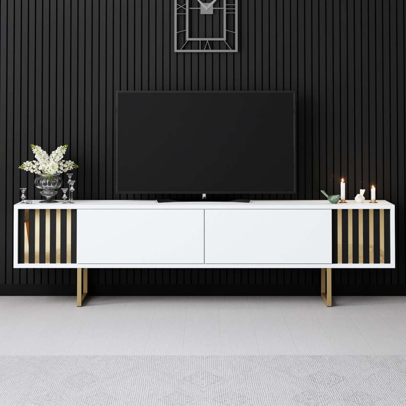 Meuble télé moderne avec pieds en métal, blanc et or, 70,9 po x 11,8 po x 18,9 po | 100% panneau de particules enduit de mélamine, épaisseur: 0,7 pouce | Conception géométrique élégante, parfaite pour le salon et les espaces de divertissement