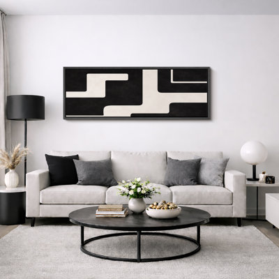 Abstract Black White Bold Geometric Path Pattern Artwork, Modern Living Room Pictures, Framed Canvas Giclee Print Wall Art