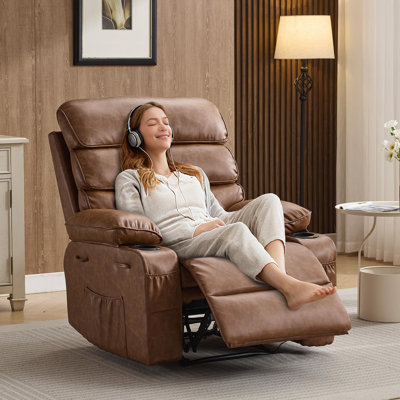 Extra Wide PU Leather Manual Recliner, 300 Lb Capacity, Massage & Heat, Thick Padded Arms, Cup Holders, Side Pocket and Hidden Footrest