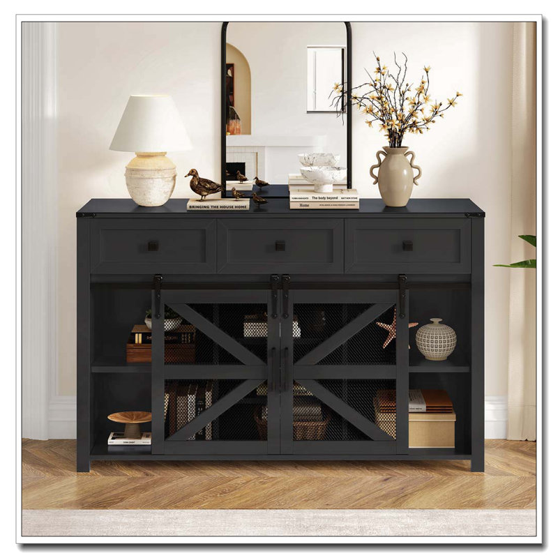 Sliding Barn Door Sideboard With 3 Drawers, Particle Board & Metal Mesh Storage Cabinet With Aluminum Handles & Metal Accents For Living Room, Dining Room