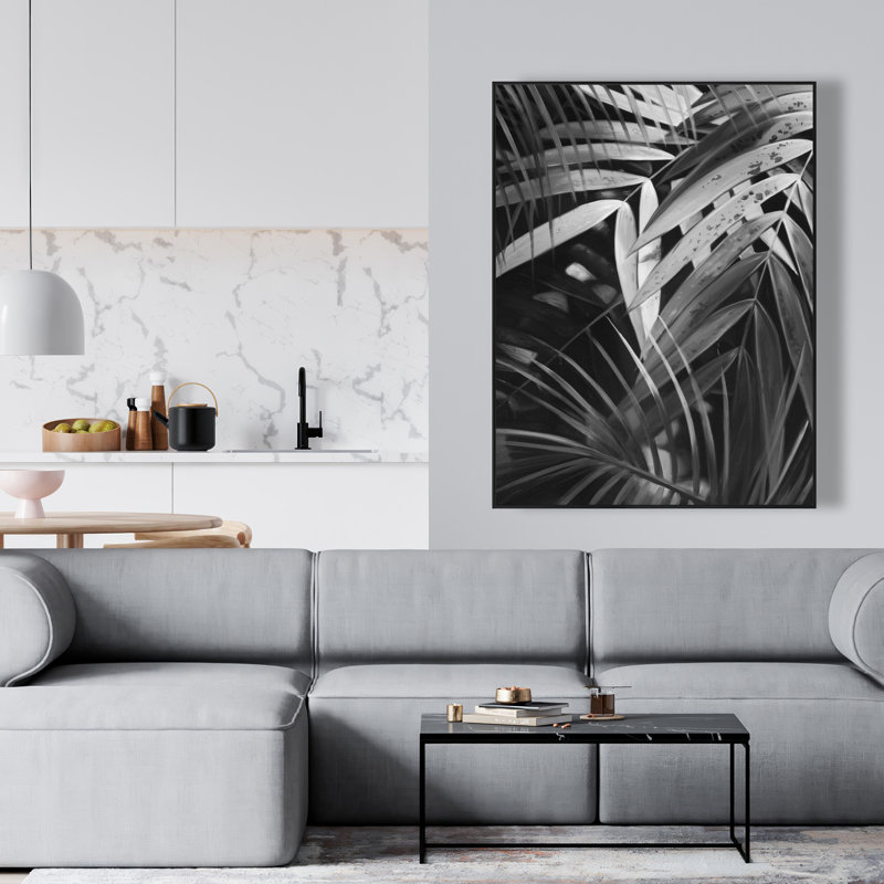Monochrome Tropical Leaves - Gray Framed Canvas Home Decor