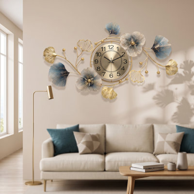 Horloge murale 3D en feuille de ginkgo en métal pour la maison Décoration murale pour le salon, l'entrée, la salle à manger, la chambre à coucher
