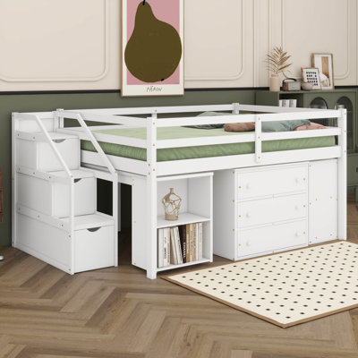 Lit mezzanine double avec escalier de rangement, bureau d'écriture rétractable, 3 tiroirs et tablettes, cadre de lit mezzanine en bois pour enfants