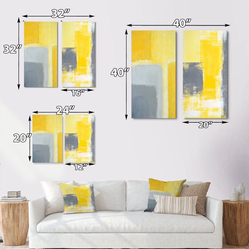 «Gray and Yellow Modern Art III», ensemble de 2 peintures sur toiles, Toile tendue, H 40 po x l 40 po x P 1 po