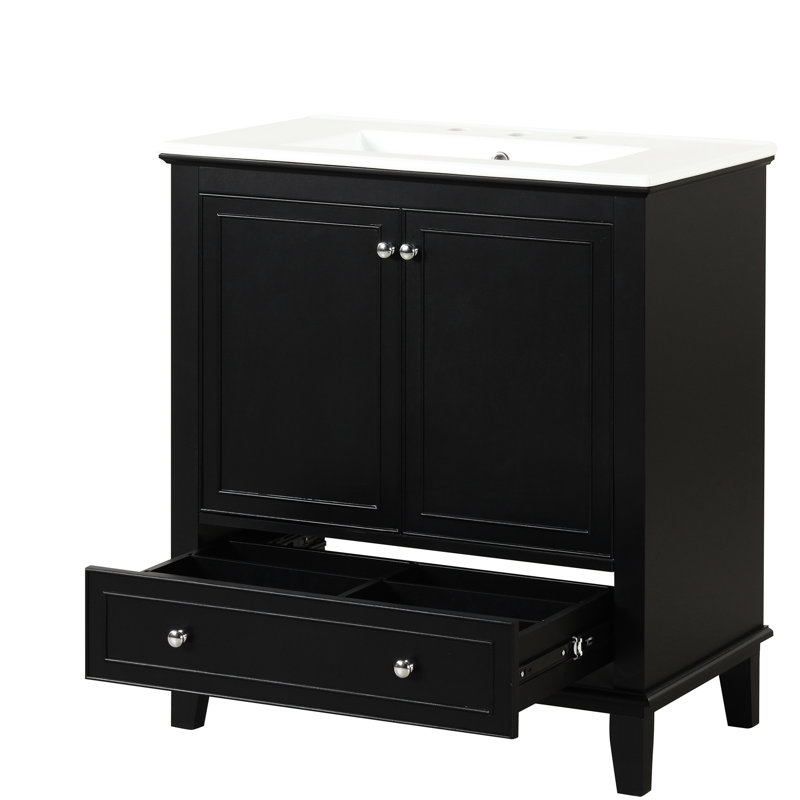Meuble-lavabo de 30 po avec lavabo en céramique et structure en bois massif avec lavabo, tablette ajustable et tiroir noir