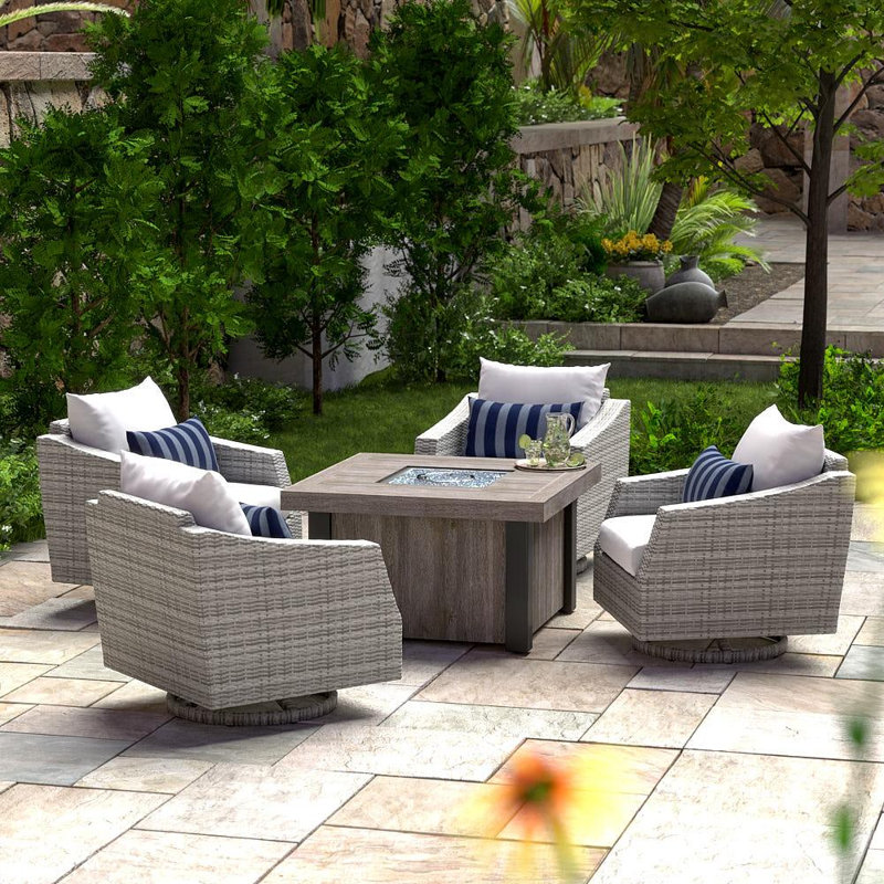 Fionnula 5 Piece Conversation Set With Sunbrella Cushion Covers, Centered Ink Stripe Sunbrella®