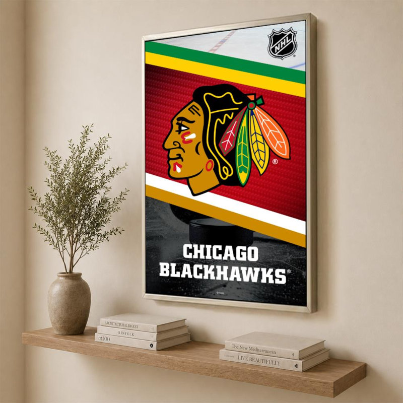 Décoration murale des Blackhawks de Chicago (NHL), H 60 po x l 40 po, Cadre plat flottant, Champagne