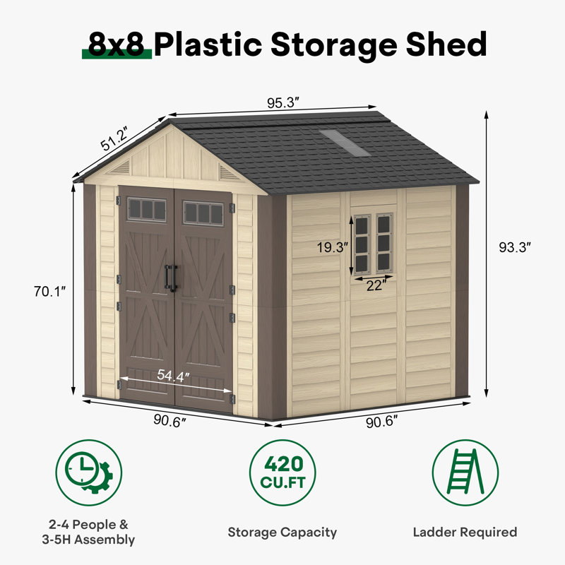 Abri de jardin en résine avec plancher, 2,4 m de large x 2,4 m de profondeur, 8 Ft. W x 8 Ft. D, Khaki