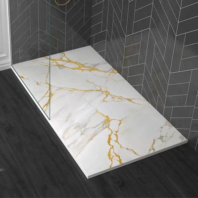 Base de douche 32 po x 32 po Calacatta Gold avec 4 brides amovibles