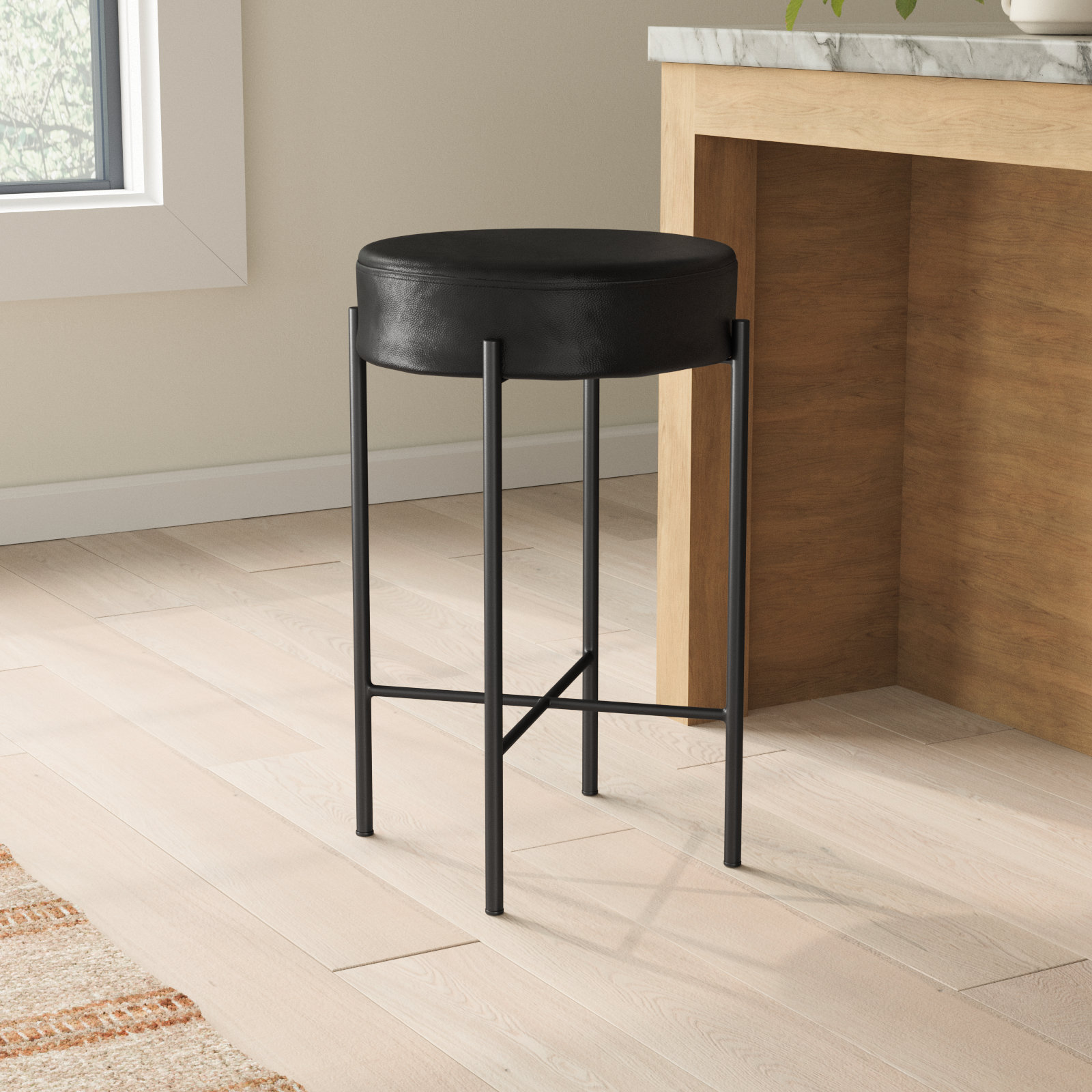 Eugenia " Bar Stool, Leather - Black, Counter Stool (26" Seat Height)