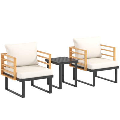 3 Pieces Outdoor Bistro Set, Small Patio Set with Cushions, Armchairs and Slatted Metal Top Table, Metal Patio Furniture Set for Backyard, Balcony, Ga by Latitude Run