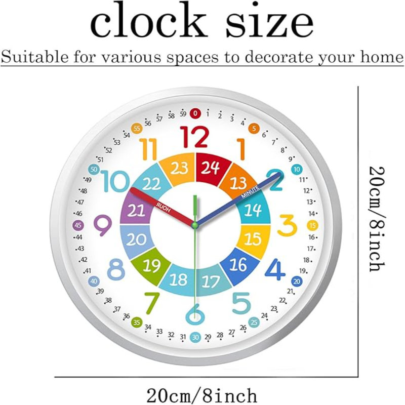 XFM Small Wall Clock Silent Colorful Wall Clock For Bedrooms Learn To Tell Time Clock For Kids Battery Powered Wall Clock 8 Inch Analog Clock For Kids Learning