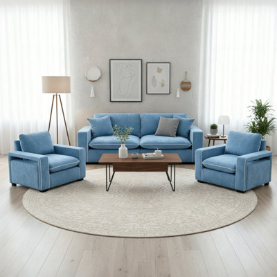 Green Chenille Square Arm Living Room Set (Loveseat And 2 Chairs)